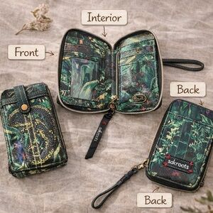 Sakroots Wallet Wristlet Green Boho Print Zip Around Card Holder